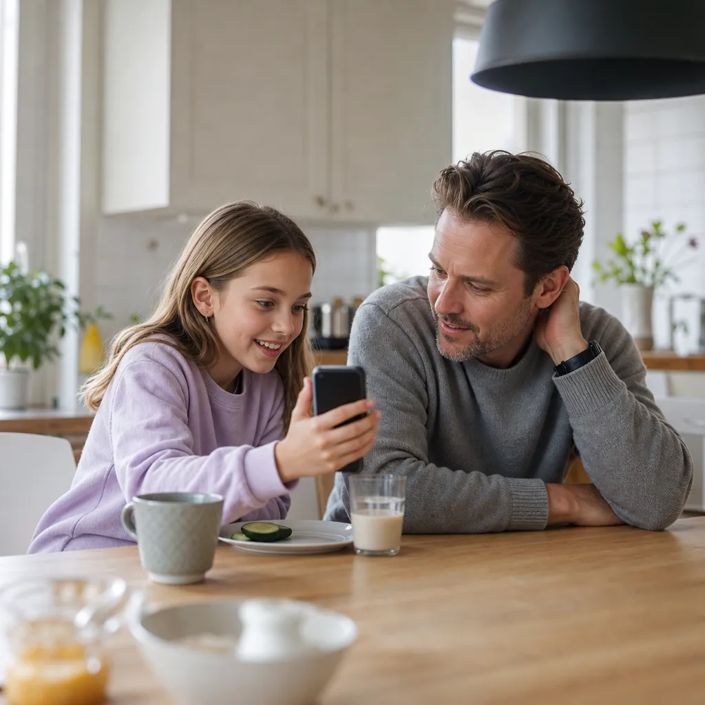 Barn som visar något på mobilen för en förälder