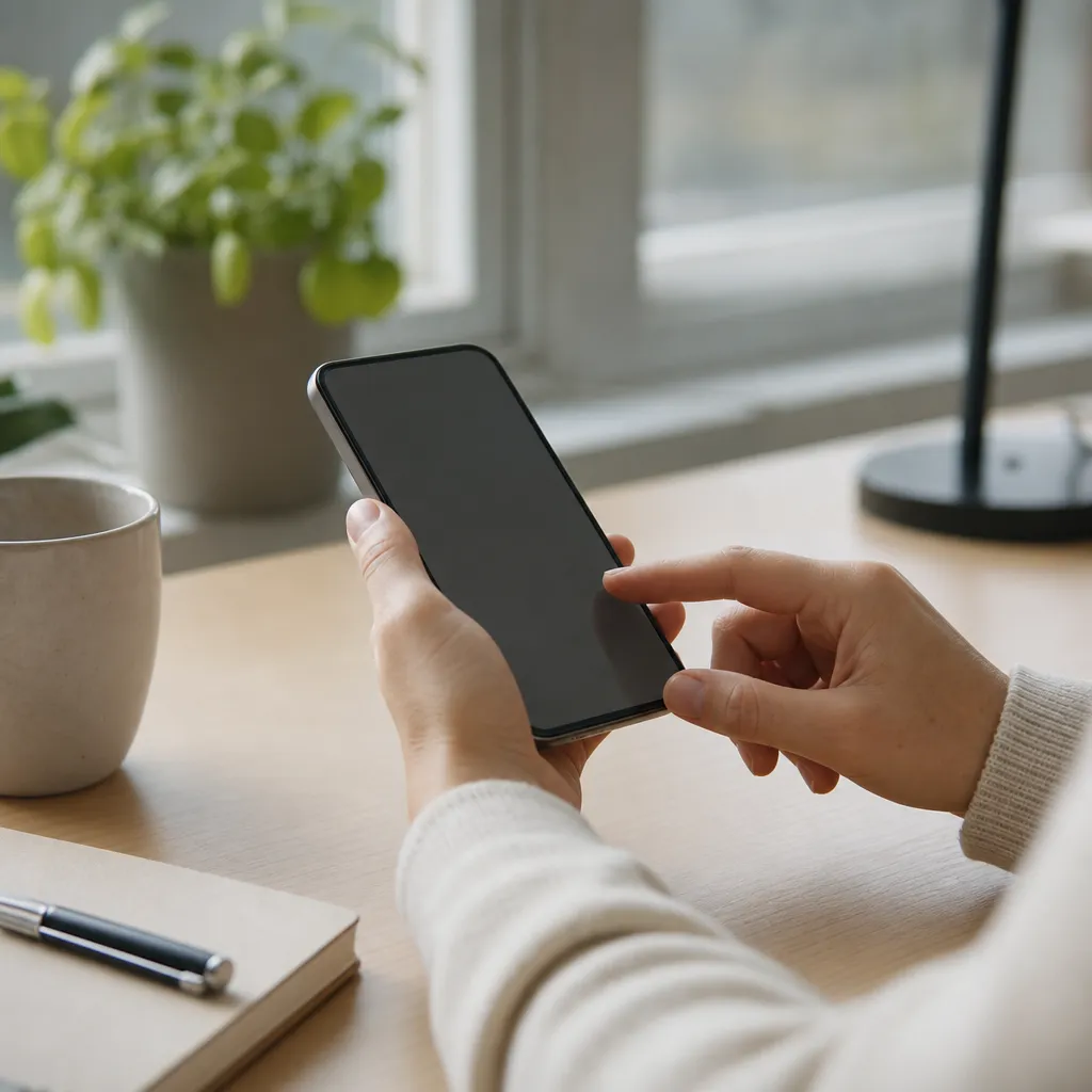 Händer som håller en modern smartphone vid ett skrivbord