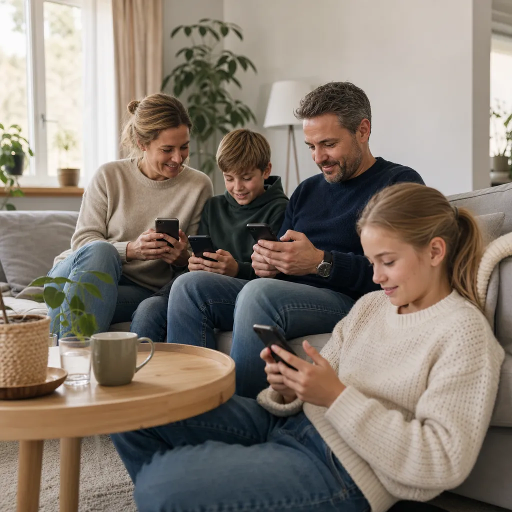 Familj som använder mobiler tillsammans i vardagsrummet