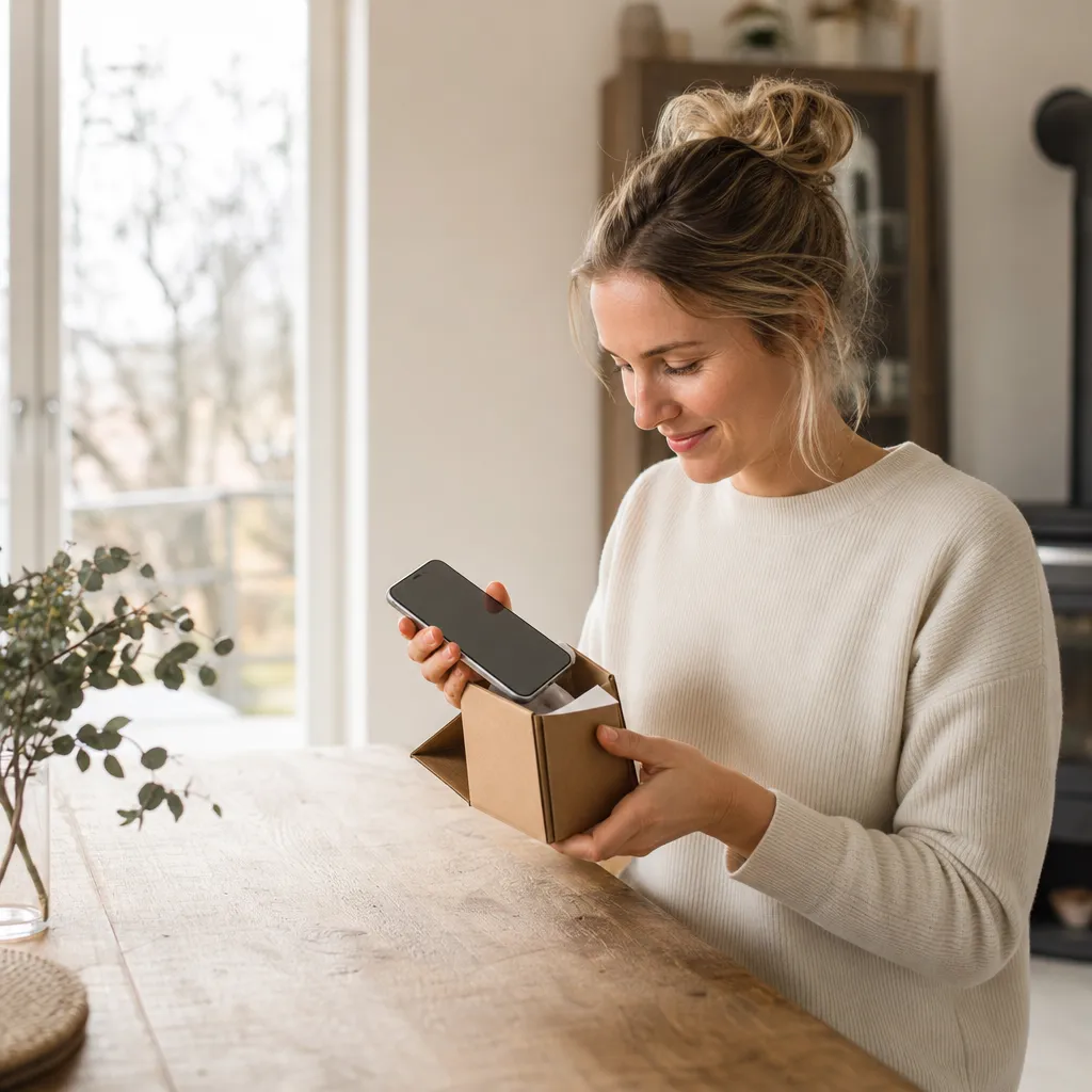 Person som packar upp en ny smartphone ur en kartong vid köp av mobilabonnemang med mobil