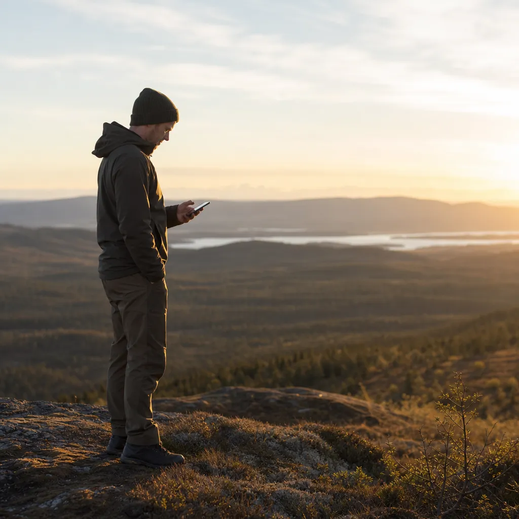 Vandrare som tittar på mobilen i ett fjällandskap