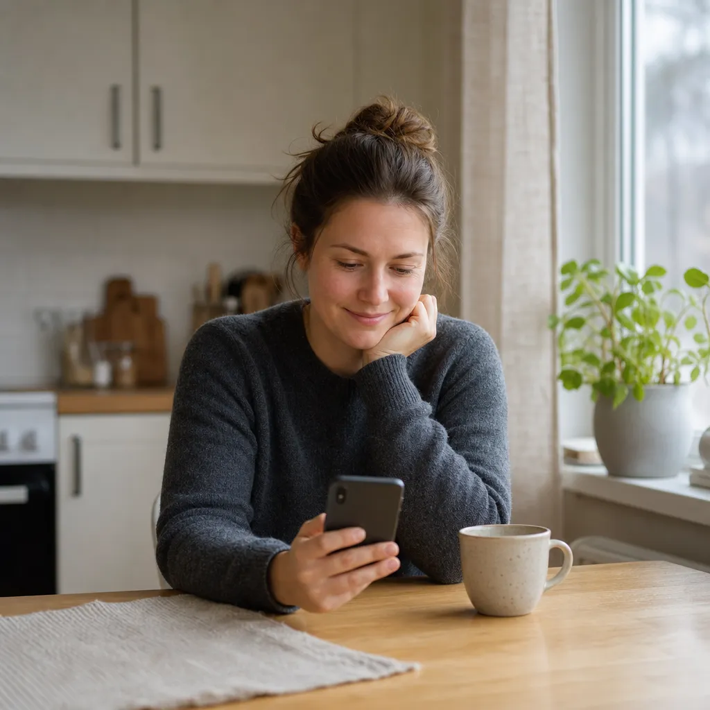 Person som tittar nöjt på mobilen vid ett köksbord