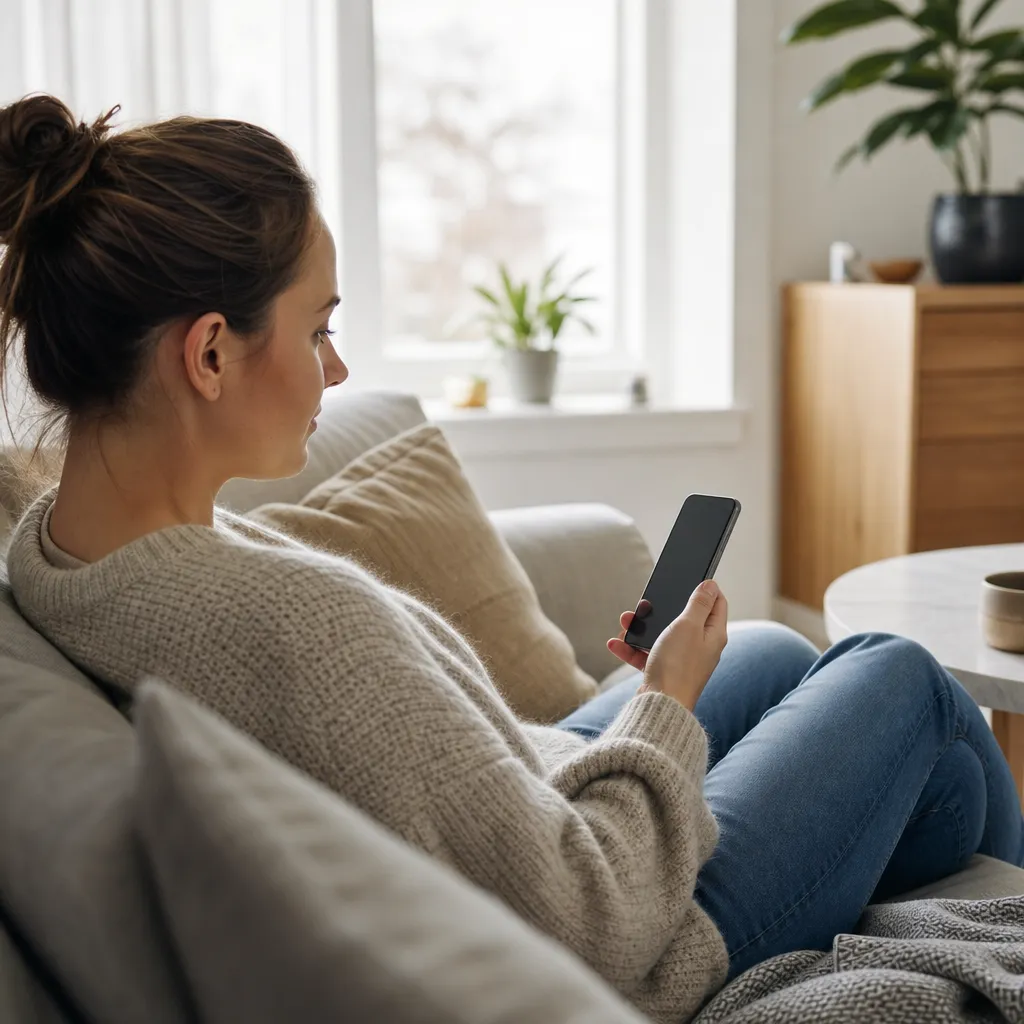 Person som streamar video i soffan på sin mobil