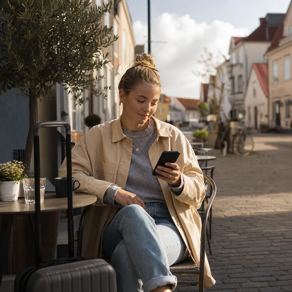 Resenär som tittar på mobilen på en uteservering