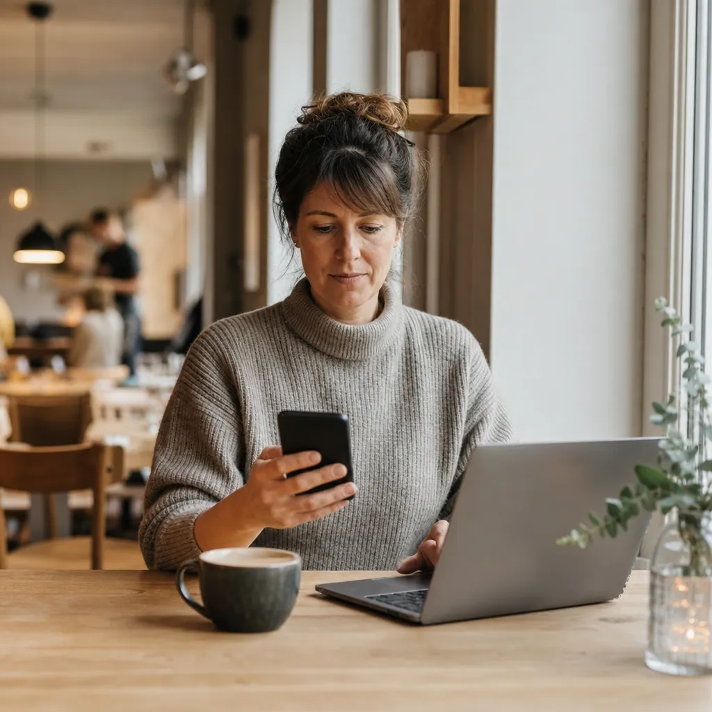 Person som streamar video i mobilen och delar uppkopplingen till en laptop på tåget, med 50 GB surf