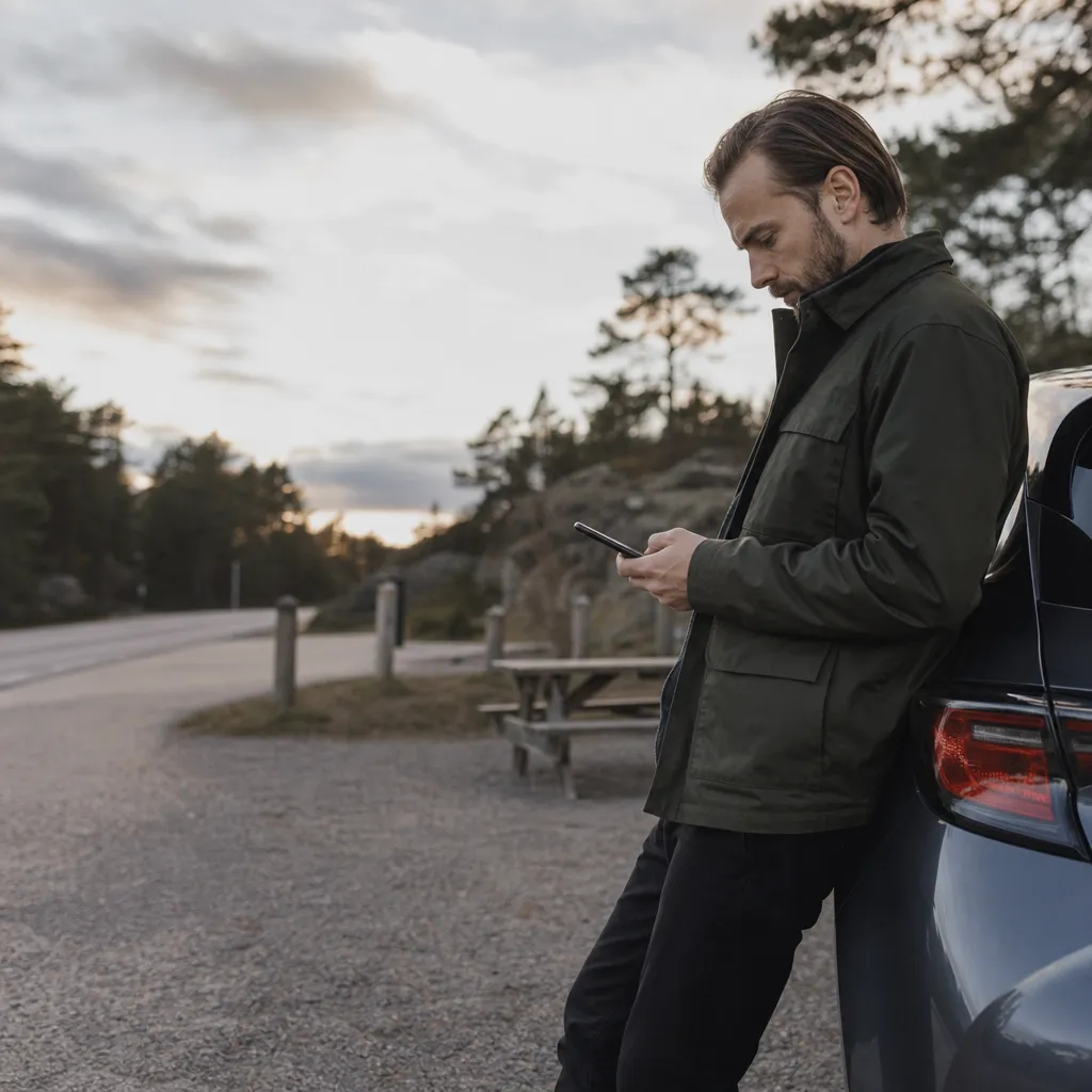 Person använder Tele2 mobilabonnemang med fri surf på en mobil i svensk miljö