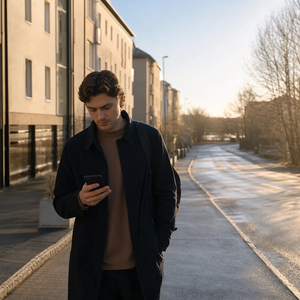 Snabb 5G från Tre i en svensk stadsmiljö med mobil och täckningssymbol
